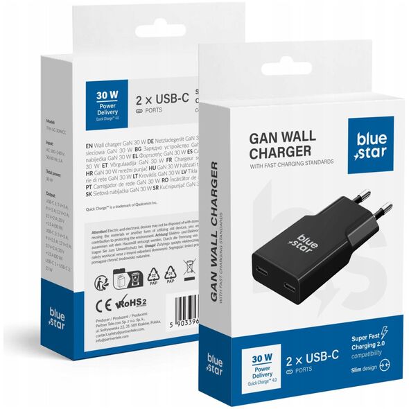 Ładowarka sieciowa do telefonu Blue Star Slim GaN 2x Typ C QC4.0 PD 3A 30W TFK-SC-30WCC czarna
