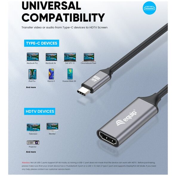 Προσαρμογέας AV Equip Προσαρμογέας USB-C -> HDMI 2.0 4K60Hz 0.15m gr