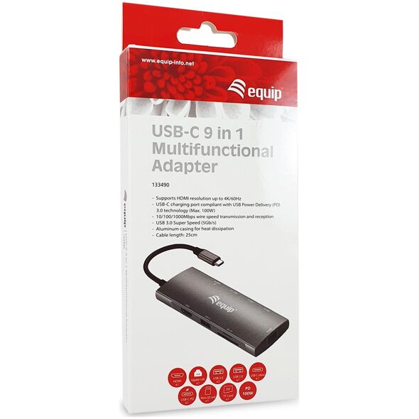 Adapter USB Equip Equip Dock USB-C->HDMI,Gigabit LAN,USB3.0,100WPD,SD/TF 0,25m