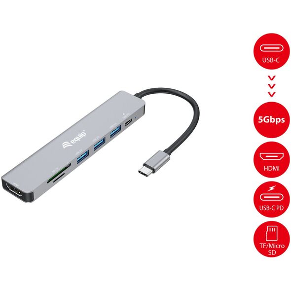 HUB USB Equip Equip Dock USB-C->HDMI,3x USB3.0, 100W PD,SD/TF μαύρο