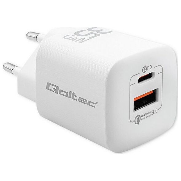Φορτιστής QOLTEC Φορτιστής τοίχου 35W GaN ULTRA | 5-20V | 2.25-3A | 1 x USB τύπου C PD | 1 x USB | Λευκός