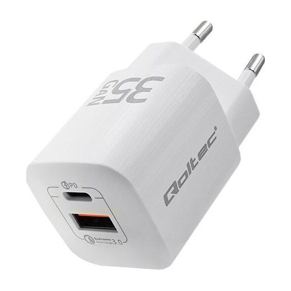 Φορτιστής QOLTEC Φορτιστής τοίχου 35W GaN ULTRA | 5-20V | 2.25-3A | 1 x USB τύπου C PD | 1 x USB | Λευκός