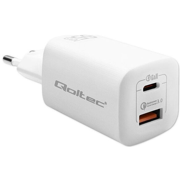 Φορτιστής QOLTEC Φορτιστής τοίχου 65W GaN ULTRA | 5-20V | 2.25-3.25A | 1 x USB τύπου C PD | 1 x USB QC 3.0 | Λευκός