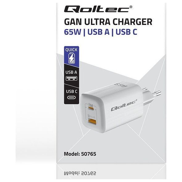 Φορτιστής QOLTEC Φορτιστής τοίχου 65W GaN ULTRA | 5-20V | 2.25-3.25A | 1 x USB τύπου C PD | 1 x USB QC 3.0 | Λευκός