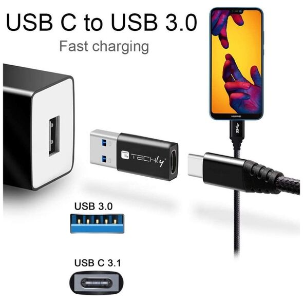 Προσαρμογέας USB Techly TECHLY Προσαρμογέας USB-A M σε USB-C F USB 3.0 μαύρο