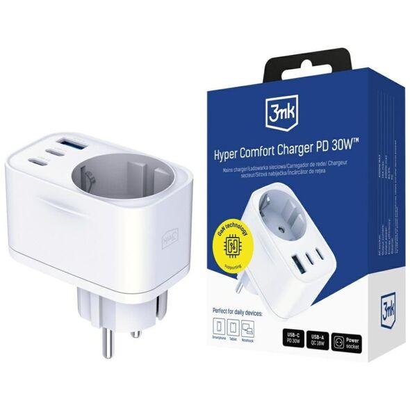 Προσαρμογέας δικτύου 3MK Hyper Comfort Charger 30W 1xUSB-A 2xUSB-C 1xSchuko PD QC3.0 λευκός