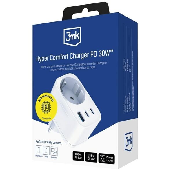 Προσαρμογέας δικτύου 3MK Hyper Comfort Charger 30W 1xUSB-A 2xUSB-C 1xSchuko PD QC3.0 λευκός