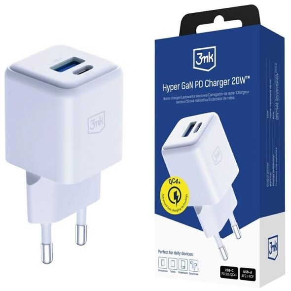 Φορτιστής τοίχου 3MK Hyper GaN Charger 20W 1xUSB-A 1XUSB-C PD QC4+ λευκός