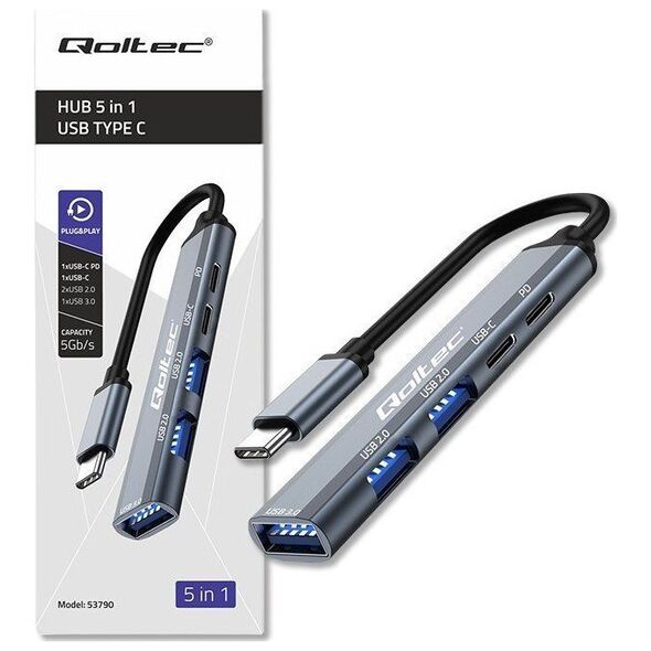 HUB USB Qoltec HUB adapter USB-C 3.1 5w1 | USB-C PD | USB-C | 2x USB 2.0 | USB 3.0