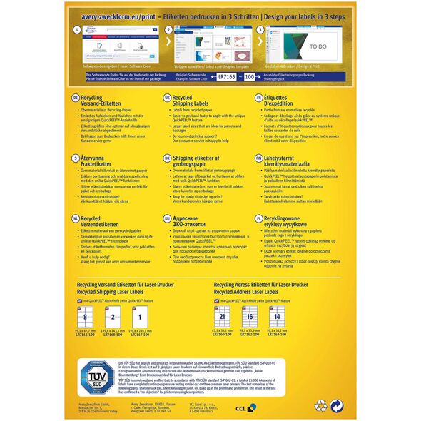 AVERY Avery QuickPEEL, Λευκό, A4, 99.1 mm, 67.7 mm, 800 τεμ., 100 φύλλα