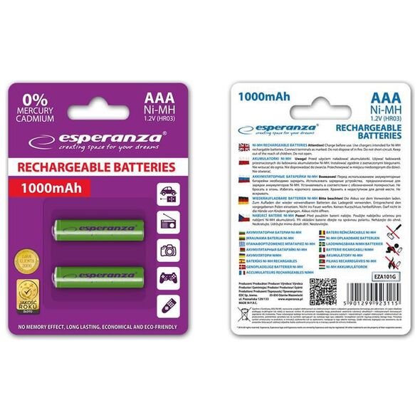 Esperanza Επαναφορτιζόμενη μπαταρία πράσινη AAA / R03 1000mAh 2 τεμ.