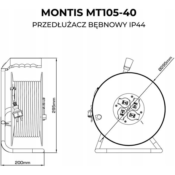 Επαγγελματικό τύμπανο επέκτασης Montis MT105-40 4x2p+Z IP44 16A 3680W 3x1,5 40m Montis μαύρο