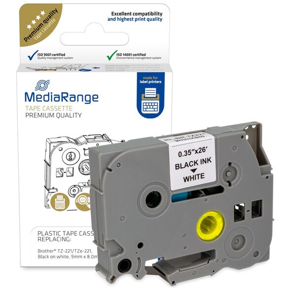 Πλαστική Ταινία Ετικετογράφου MediaRange (Brother TZ-221/TZe-221) 9 mm x 8 m (Μαύρα Γράμματα σε Λευκό Φόντο) (MRBTZ221) έως 12 άτοκες Δόσεις