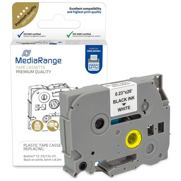 Πλαστική Ταινία Ετικετογράφου MediaRange (Brother TZ-211/TZe-211) 6 mm x 8 m (Μαύρα Γράμματα σε Λευκό Φόντο) (MRBTZ211) έως 12 άτοκες Δόσεις