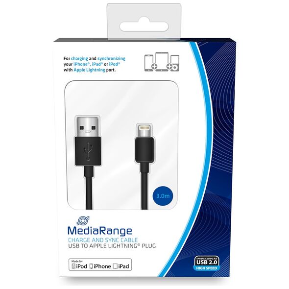 Καλώδιο MediaRange Charge and sync, USB 2.0 to Apple Lightning® plug, 3.0m, black (MRCS180) έως 12 άτοκες Δόσεις