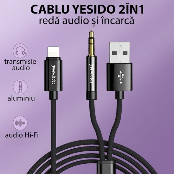Yesido Cablu Adaptor Lightning la USB, Jack - Yesido (YAU-18) - Black 6971050263445 έως 12 άτοκες Δόσεις