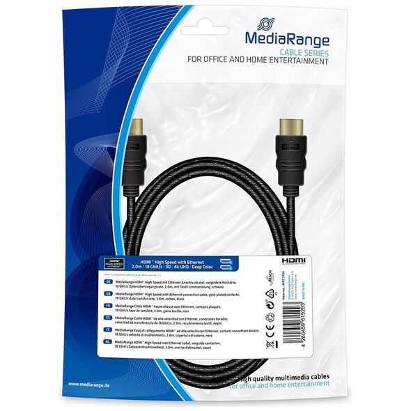 Καλώδιο MediaRange HDMI High Speed with Ethernet connection, gold-plated contacts, 18 Gbit/s data transfer rate, 2.0m, cotton, black (MRCS196) έως 12 άτοκες Δόσεις