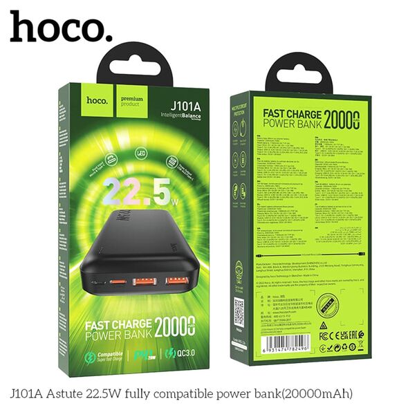 Hoco Baterie Externa 22.5W, 20000mAh, 2 x USB, Type-C - Hoco (J101A) - Black 6931474782496 έως 12 άτοκες Δόσεις