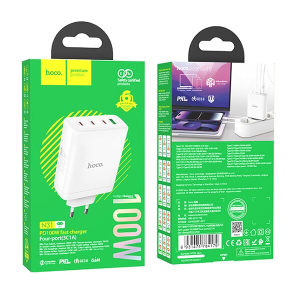 Hoco Incarcator pentru Priza USB, 3x Type-C, Fast Charging, 100W - Hoco Leader (N31) - White 6931474784179 έως 12 άτοκες Δόσεις