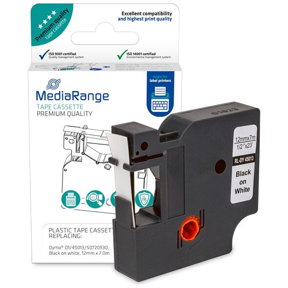 Πλαστική Ταινία Ετικετογράφου MediaRange (Dymo D1/45013/S0720530) 12 mm x 7 m (Μαύρα Γράμματα σε Λευκό Φόντο) (MRDY45013) έως 12 άτοκες Δόσεις