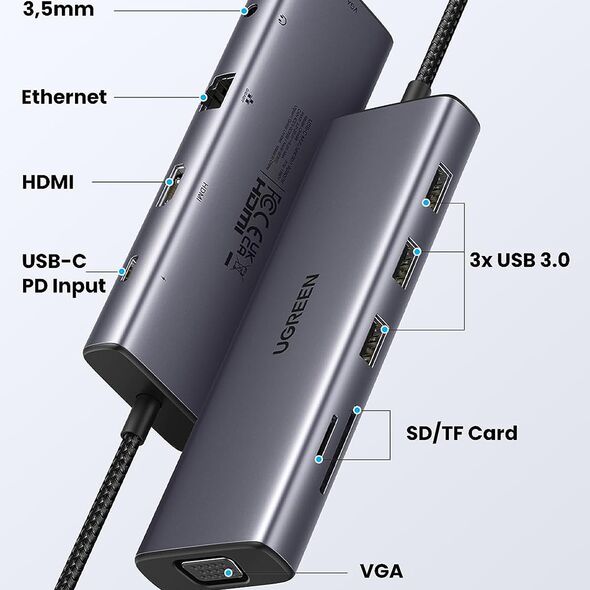 Ugreen Hub USB-C la Type-C, 3x USB, HDMI, RJ45, Jack 3.5mm, VGA, TF, SD Card - Ugreen (15601) - Gray 6941876216017 έως 12 άτοκες Δόσεις