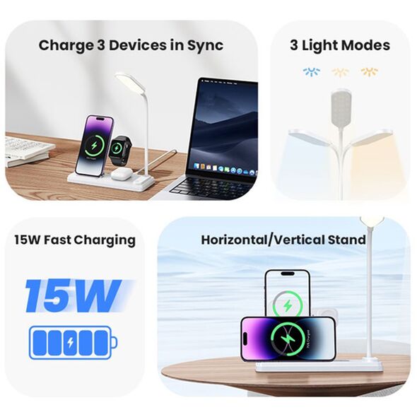 USAMS Usams - Wireless Charging Station 4in1 (US-CD195) - with Table Lamp for iPhone, iWatch, AirPods, 15W, 3A - White 6958444905624 έως 12 άτοκες Δόσεις