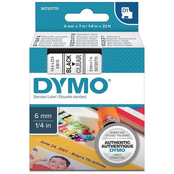 Ταινία Ετικετογράφου DYMO Standard 43610 6 mm x 7 m (Μαύρα Γράμματα σε Διάφανο Φόντο) (S0720770) (DYMO43610) έως 12 άτοκες Δόσεις