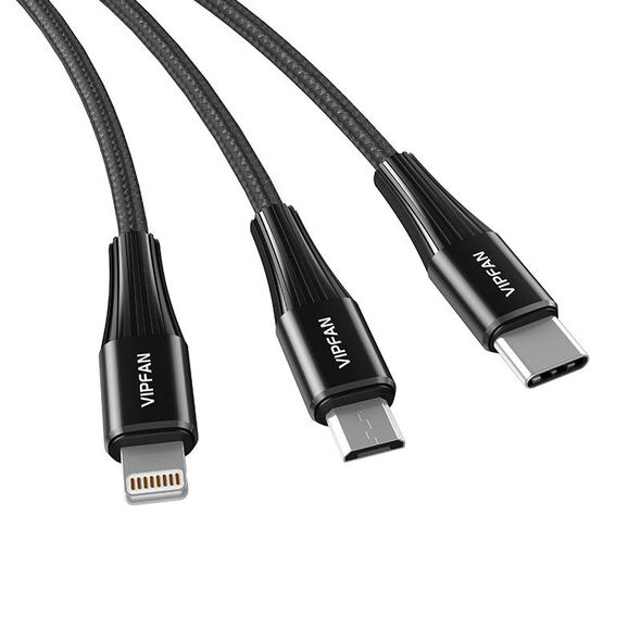 Vipfan USB Cable Vipfan X16 3w1 USB-C/Lightning/Micro 66W 3.5A  (czarny) 036775 6971952430587 X16LMT-black έως και 12 άτοκες δόσεις