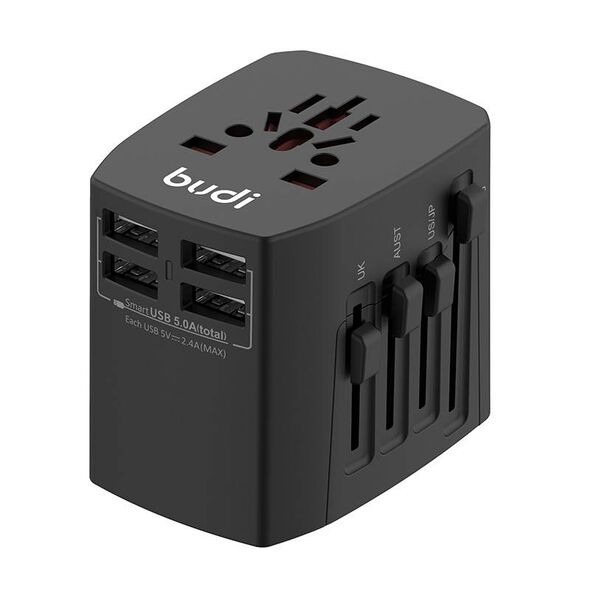 Budi Universal Wall Charger / AC Adapter Budi 4x USB, 5A, EU/UK/AUS/US/JP (black) 050561 6971536923559 333 έως και 12 άτοκες δόσεις