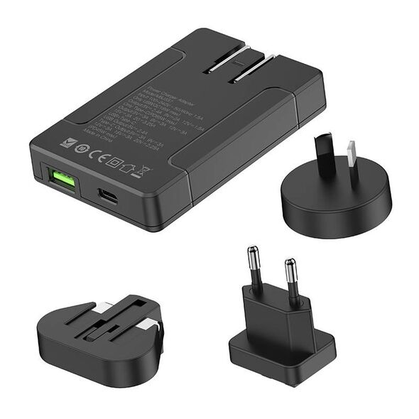 Budi Budi universal wall charger, USB + USB-C, PD 65W + EU/UK/US/AU adapters (black) 050623 6971536925423 337 έως και 12 άτοκες δόσεις