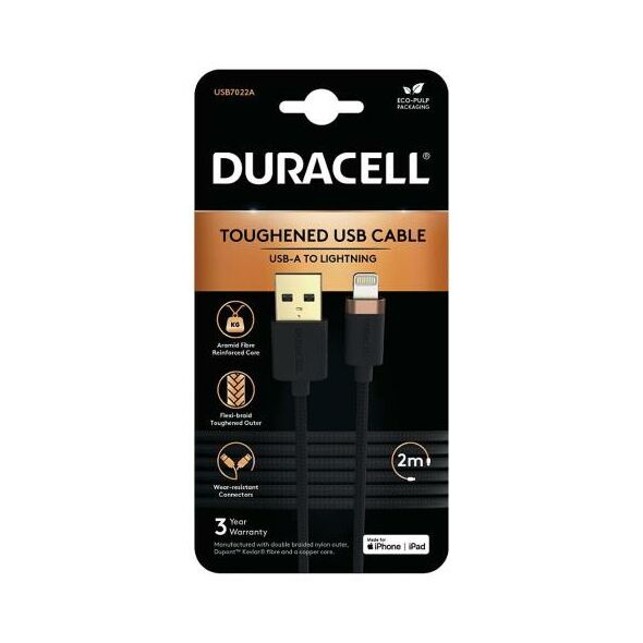 Καλώδιο Σύνδεσης USB 2.0 Duracell Braided Kevlar USB A to MFI Lightning 2m Μαύρο 5056304399970 5056304399970 έως και 12 άτοκες δόσεις