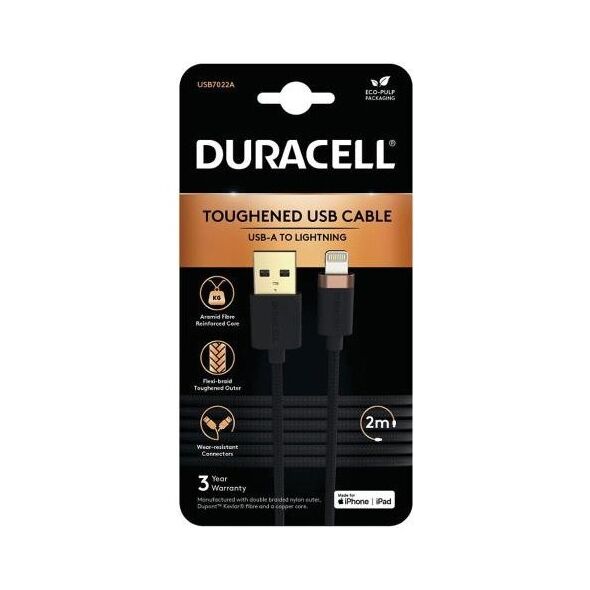 Καλώδιο Σύνδεσης USB 2.0 Duracell Braided Kevlar USB A to MFI Lightning 2m Μαύρο 5056304399970 5056304399970 έως και 12 άτοκες δόσεις