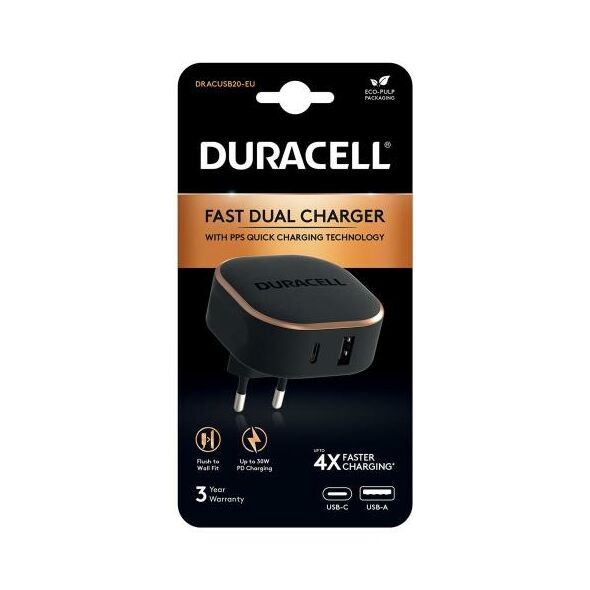Φορτιστής Ταξιδίου Ταχείας Φόρτισης Duracell PD 30W με Έξοδο USB A & Έξοδο USB C Μαύρο 5056304311507 5056304311507 έως και 12 άτοκες δόσεις