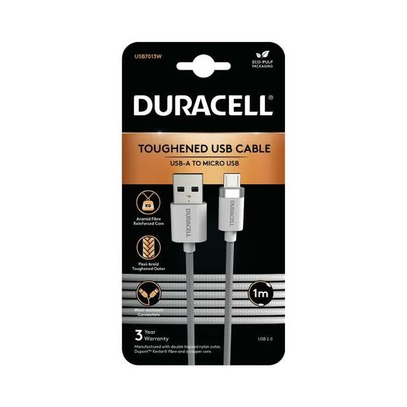 Καλώδιο Σύνδεσης USB 2.0 Duracell Braided Kevlar USB A σε Micro USB 1m Λευκό 5056304310302 5056304310302 έως και 12 άτοκες δόσεις