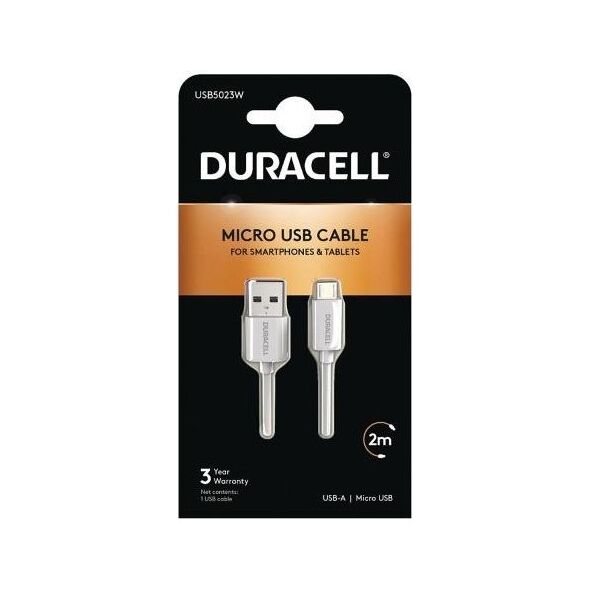 Καλώδιο Σύνδεσης USB 2.0 Duracell USB A σε Micro USB 2m Λευκό 5055190170694 5055190170694 έως και 12 άτοκες δόσεις