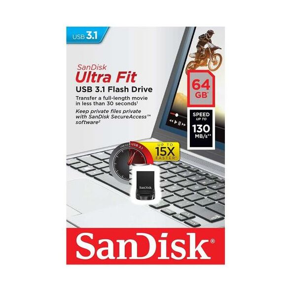 USB 3.1 Flash Disk SanDisk Ultra Fit SDCZ430 USB A 64GB 130MB/s Μαύρο 619659163730 619659163730 έως και 12 άτοκες δόσεις