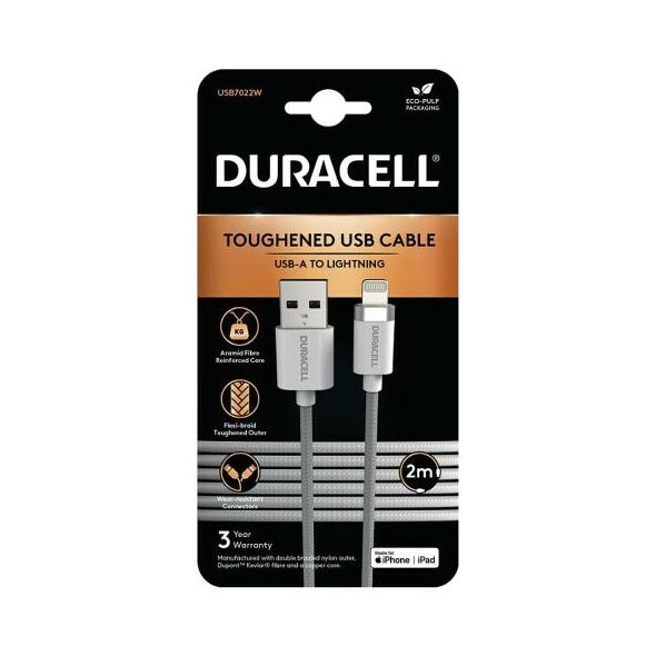 Καλώδιο Σύνδεσης USB 2.0 Duracell Braided Kevlar USB A to MFI Lightning 2m Λευκό 5056304399956 5056304399956 έως και 12 άτοκες δόσεις