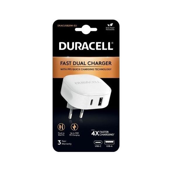 Φορτιστής Ταξιδίου Ταχείας Φόρτισης Duracell PD 30W με Έξοδο USB A & Έξοδο USB C Λευκό 5056304311514 5056304311514 έως και 12 άτοκες δόσεις