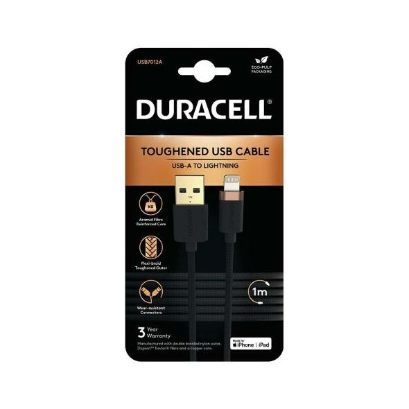 Καλώδιο Σύνδεσης USB 2.0 Duracell Braided Kevlar USB A to MFI Lightning 1m Μαύρο 5056304399987 5056304399987 έως και 12 άτοκες δόσεις