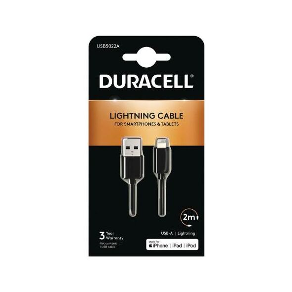 Καλώδιο Σύνδεσης USB 2.0 Duracell USB A σε MFI Lightning 2m Μαύρο 5055190170038 5055190170038 έως και 12 άτοκες δόσεις