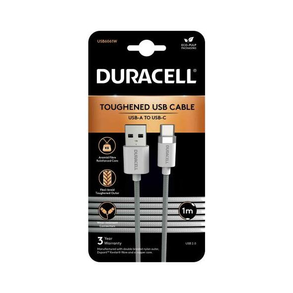 Καλώδιο Σύνδεσης USB 2.0 Duracell Braided Kevlar USB A σε USB C 1m Λευκό 5056304310425 5056304310425 έως και 12 άτοκες δόσεις
