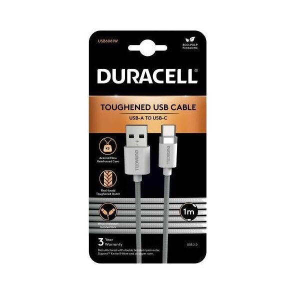 Καλώδιο Σύνδεσης USB 2.0 Duracell Braided Kevlar USB A σε USB C 1m Λευκό 5056304310425 5056304310425 έως και 12 άτοκες δόσεις