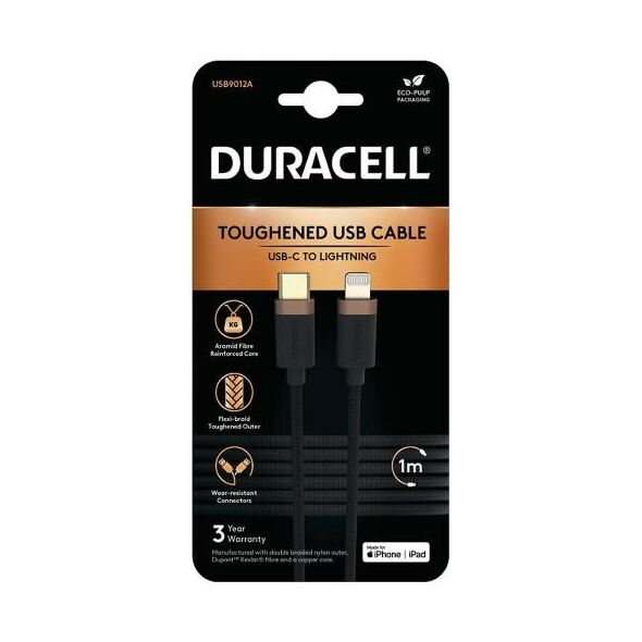 Καλώδιο Σύνδεσης USB 2.0 Duracell Braided Kevlar USB C σε MFI Lightning 1m Μαύρο 5056304399963 5056304399963 έως και 12 άτοκες δόσεις