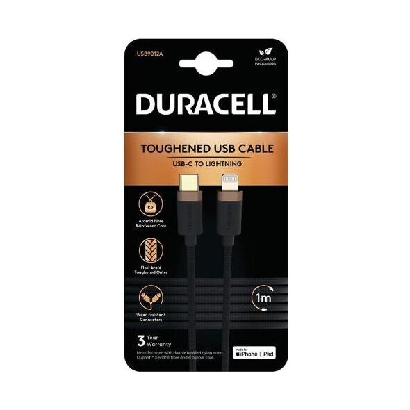 Καλώδιο Σύνδεσης USB 2.0 Duracell Braided Kevlar USB C σε MFI Lightning 1m Μαύρο 5056304399963 5056304399963 έως και 12 άτοκες δόσεις