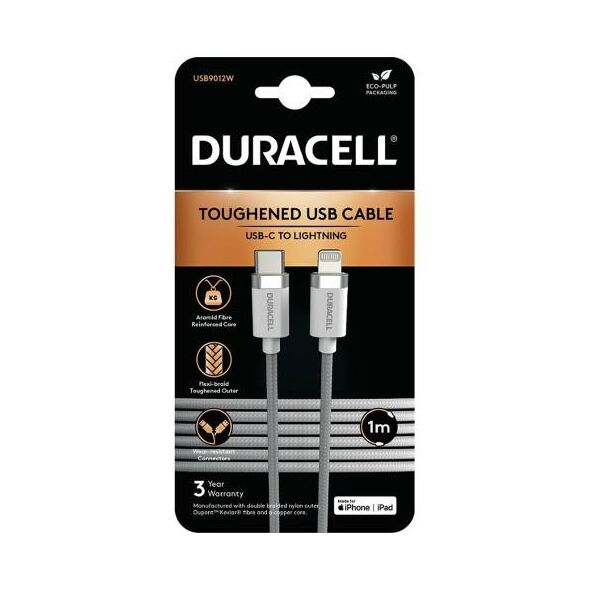 Καλώδιο Σύνδεσης USB 2.0 Duracell Braided Kevlar USB C σε MFI Lightning 1m Λευκό 5056304399925 5056304399925 έως και 12 άτοκες δόσεις