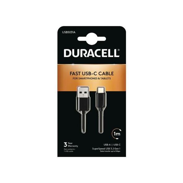 Καλώδιο Σύνδεσης USB 3.0 Duracell USB A σε USB C 1m Μαύρο 5055190175590 5055190175590 έως και 12 άτοκες δόσεις