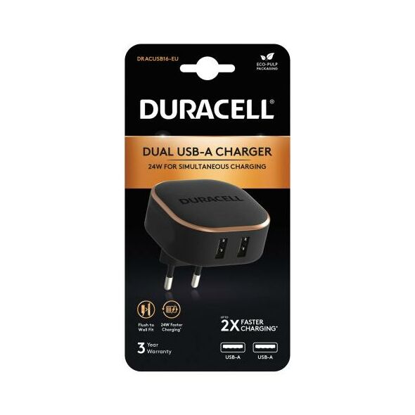 Φορτιστής Ταξιδίου Duracell 24W με Διπλή Έξοδο USB A 4.8A Μαύρο 5056304311460 5056304311460 έως και 12 άτοκες δόσεις