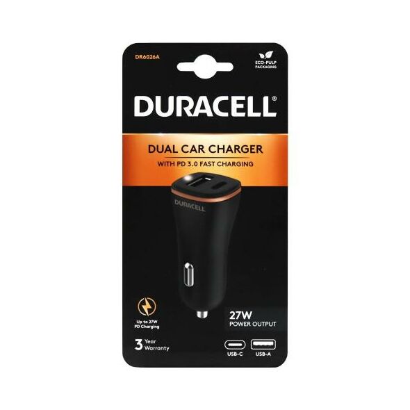 Φορτιστής Αυτοκινήτου Duracell με Έξοδο USB A & Έξοδο USB C PD 3.0 27W Μαύρο-Μπρονζέ 5056304310692 5056304310692 έως και 12 άτοκες δόσεις
