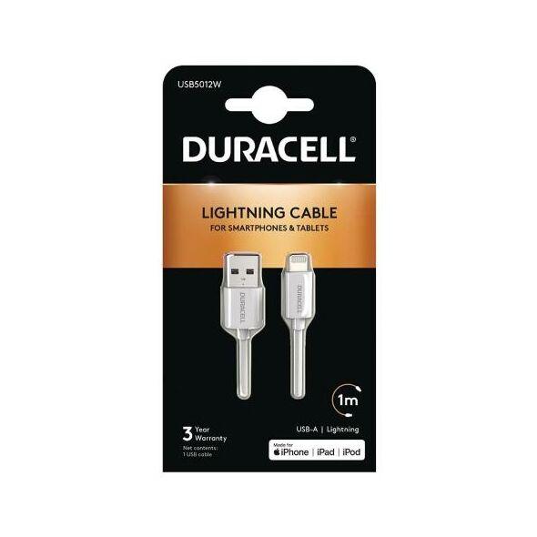 Καλώδιο Σύνδεσης USB 2.0 Duracell USB A σε MFI Lightning 1m Λευκό 5055190170014 5055190170014 έως και 12 άτοκες δόσεις