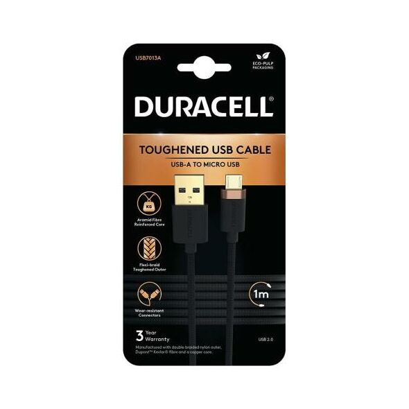 Καλώδιο Σύνδεσης USB 2.0 Duracell Braided Kevlar USB A σε Micro USB 1m Μαύρο 5056304310296 5056304310296 έως και 12 άτοκες δόσεις